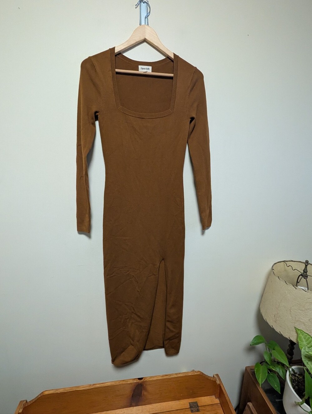 Open Edit Brown Square Neck Bodycon Midi Dress XS Long Sleeve Minimalist